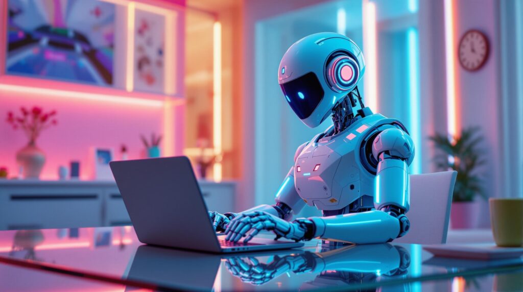 ai generated image of an robot using AI for seo, blue and pink glow modern office