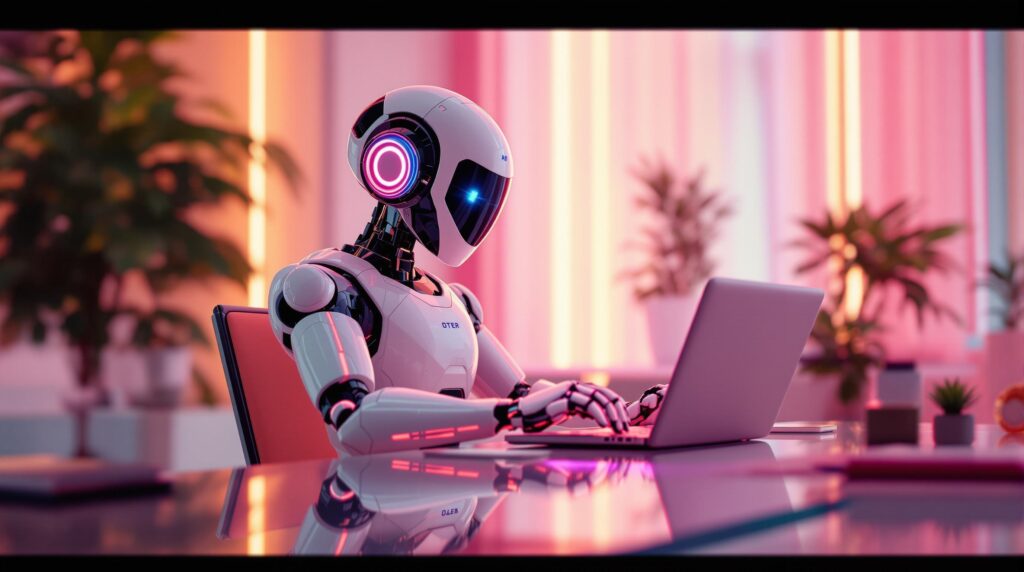ai generated image of an robot using AI for seo, modern office with plants visible