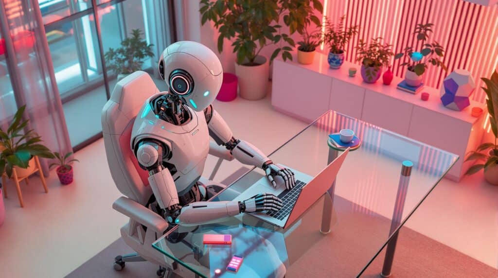 ai generated image of an robot, high angle view of modern office space with neon glow