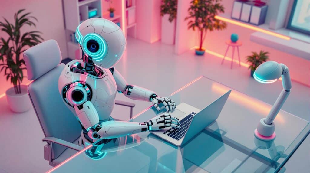 ai generated image of an robot using AI for seo, high angle view of modern office with neon accents