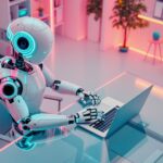 ai generated image of a futuristic robot working on a glass desk with a laptop