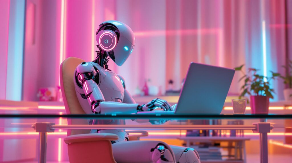 ai generated image of an robot using AI for seo, modern glowing office with neon lights for ambiance