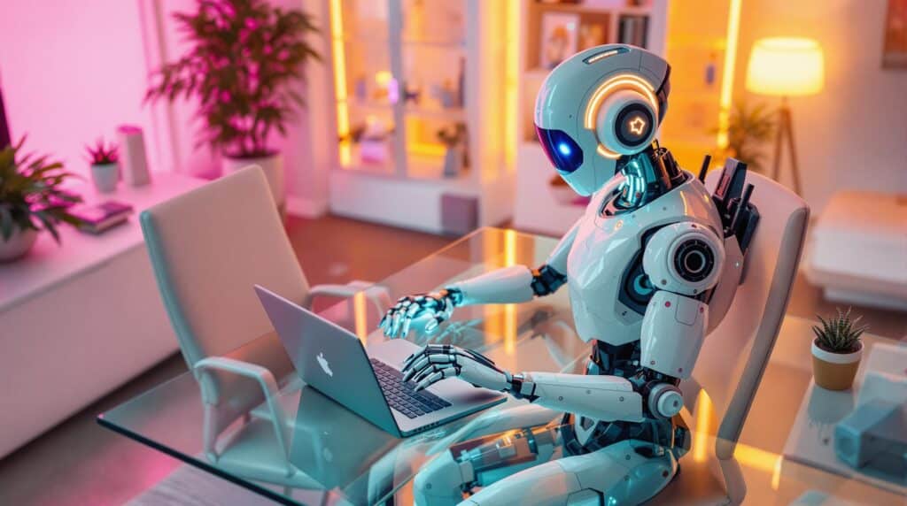 ai generated image of an robot, golden and pink neon accent lights in a modern office space