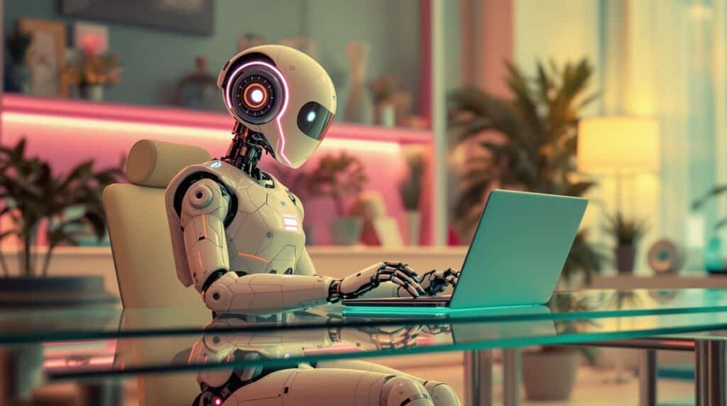 ai generated image of an robot using AI for seo, retro color grading photo of a modern office space