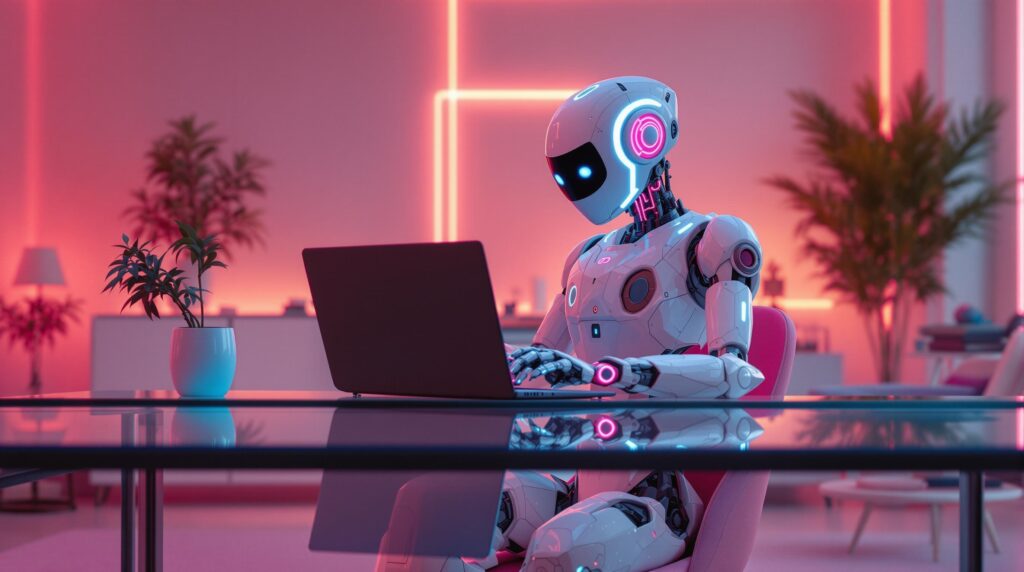 ai generated image of an robot using AI for seo, orange-pink glow in a modern office