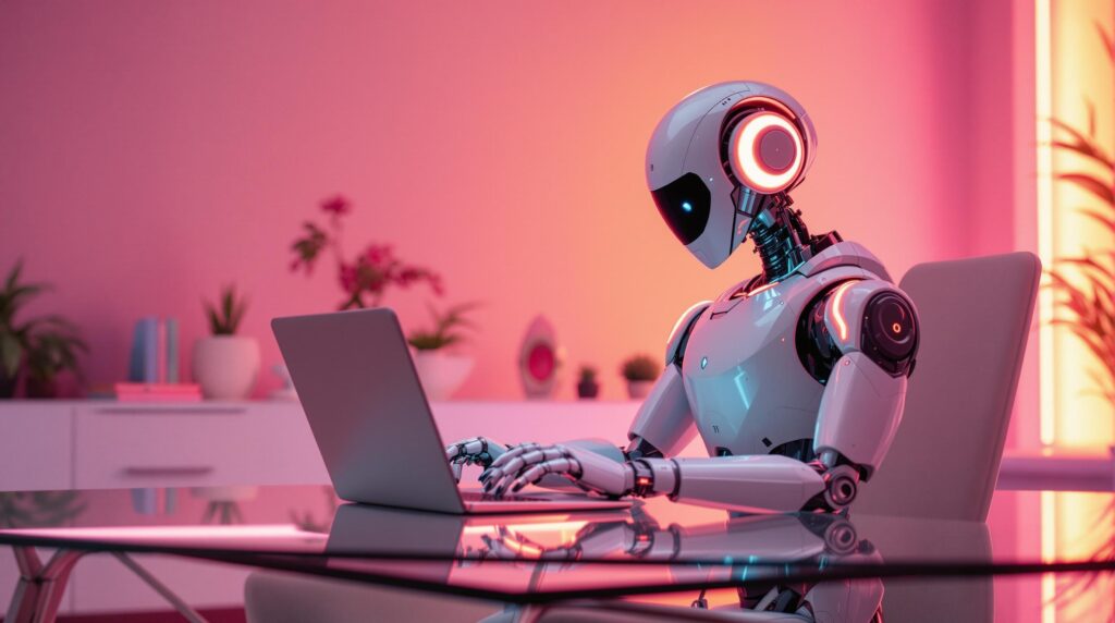 ai generated image of an robot, modern office space with pink glow from neon accent lights