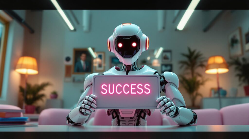 ai robot in a cozy modern office sitting at a desk holding a neon sign that says "SUCCESS"