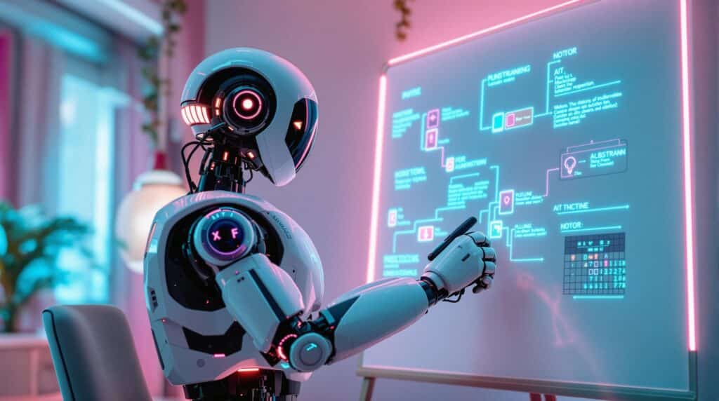 ai robot planning out a productivity workflow on a digital white board