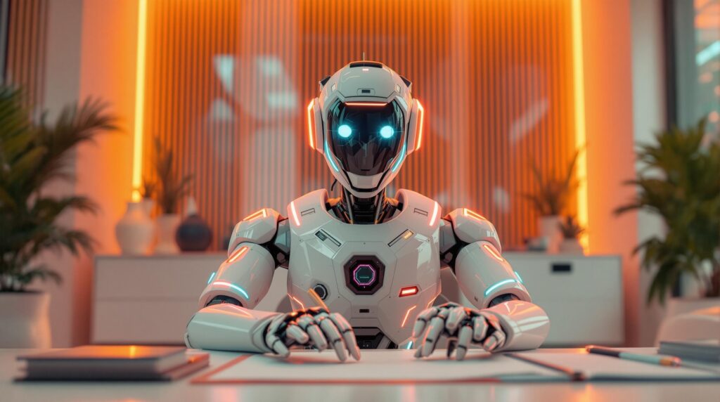 sci-fi robot sitting in a futuristic office with orange neon lighting, working on business operations