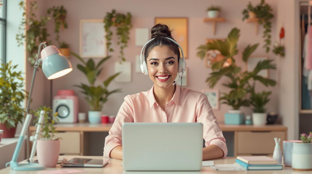 photo of an attractive young woman sitting in a quaint decorated office space with headphones on, working on a laptop, smiling towards the camera