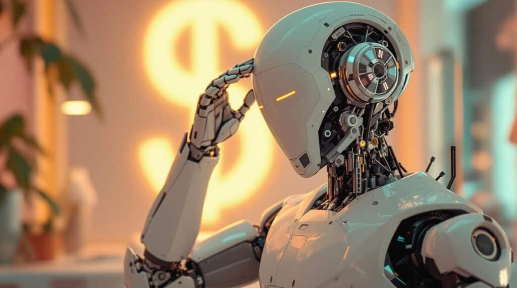 advanced ai robot contemplating complex costs of Magai vs Poe