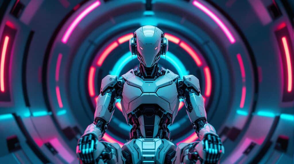 advanced AI robot sitting in front of what looks to be a futuristic vault door with many neon lights accenting its shape