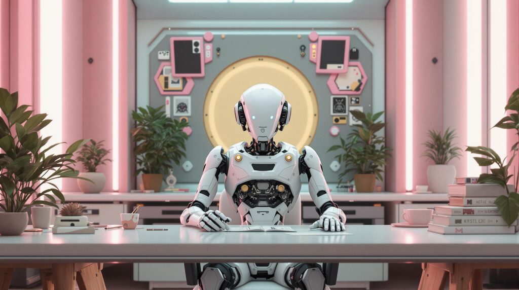 an advanced ai robot sitting in a futuristic workspace with decorative plants