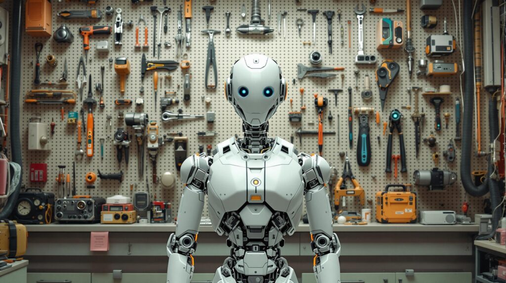 advanced ai robot standing in front of a wall with many different tools hanging from it