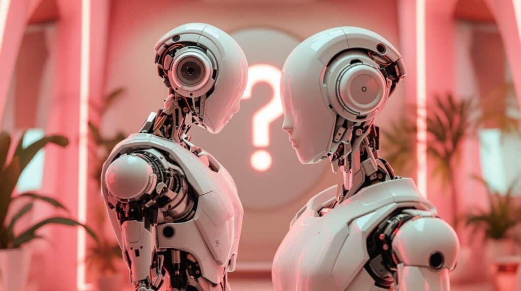two advanced ai robots in a neon lit room with a question mark in the background 
