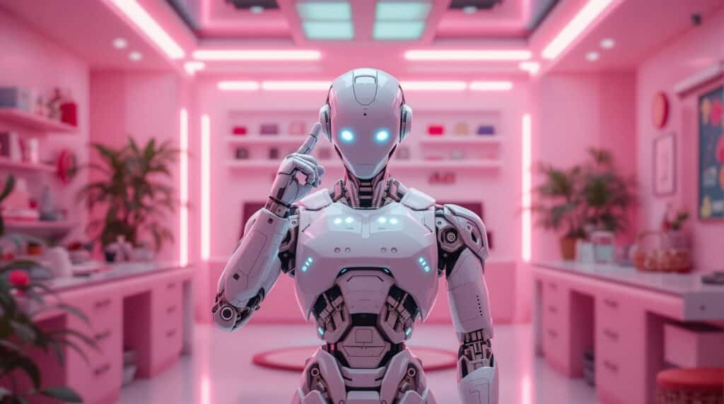 an advanced ai robot in a glowing pink room with decorative items on the walls, pointing to his head