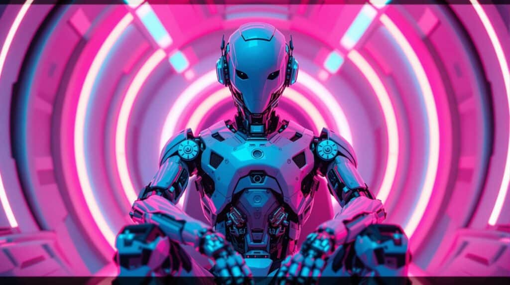 ai generated image of a robot sitting in front of what looks like a neon pink vault, looking secure and protected