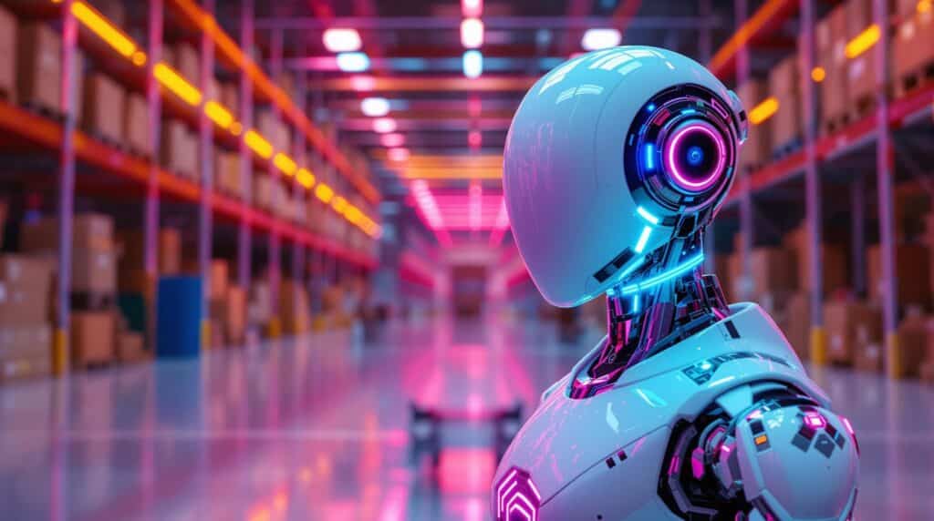 ai generated image of an ai robot in a futuristic warehouse