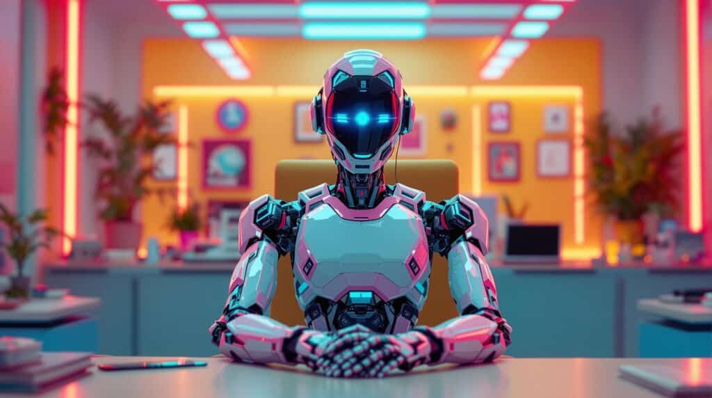 ai generate photo of a robot sitting at a desk in a futuristic office