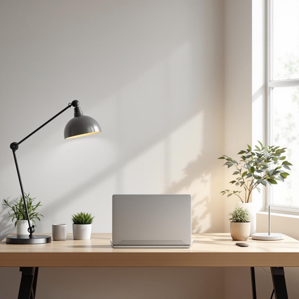 a modern home office with the sun splashing through a window on the right, a light colored wooden desk is shown with a laptop and desk lamp and several small plants