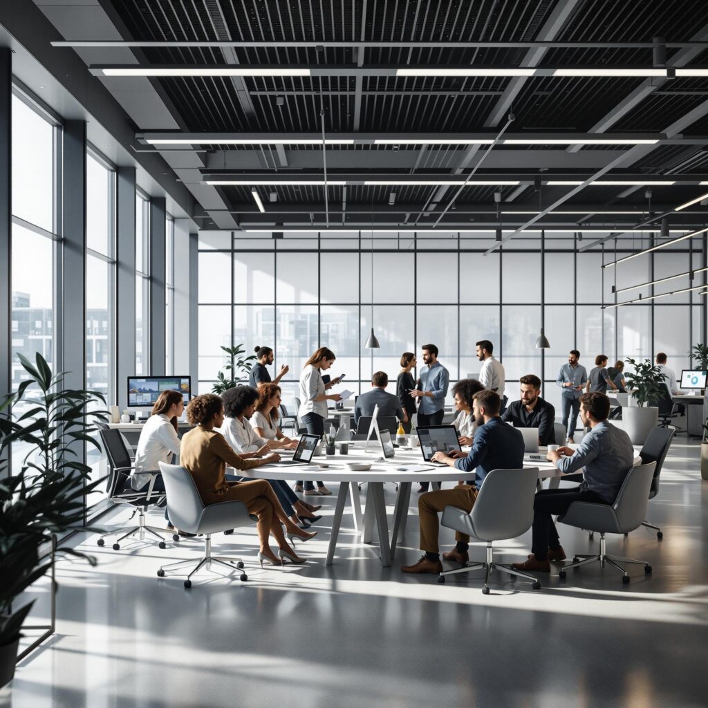 magai enterprise image of a business workspace with tall windows flooding the space with natural light