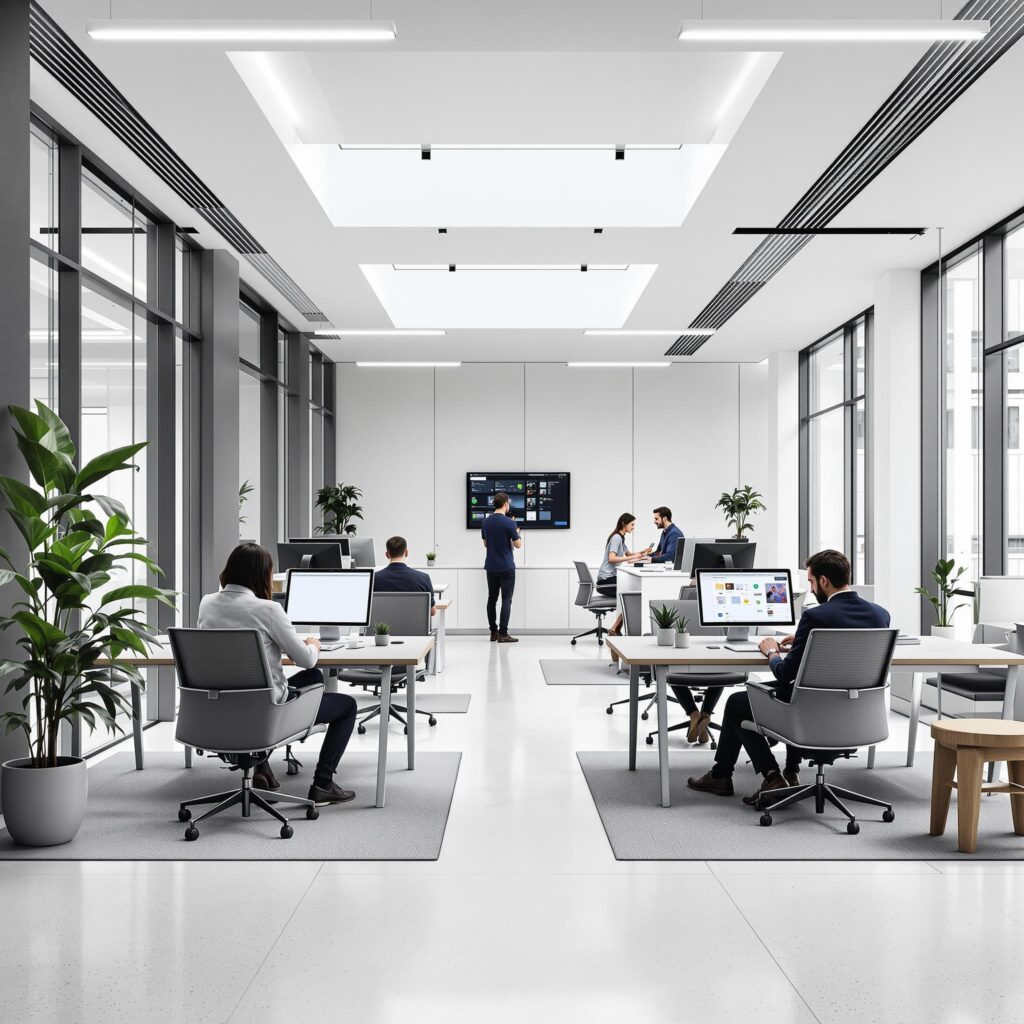 an open office space with workers at workstations, white walls and ceilings with bright lighting