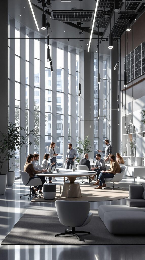 enterprise business workspace with tall ceilings and tall windows flooding the space with natural light