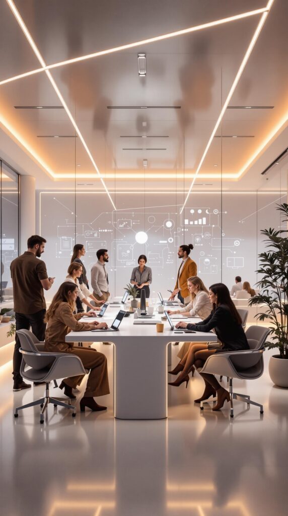 a futuristic shared office space with one central desk and a group of workers around it symbolizing Magai's unified workspace environment