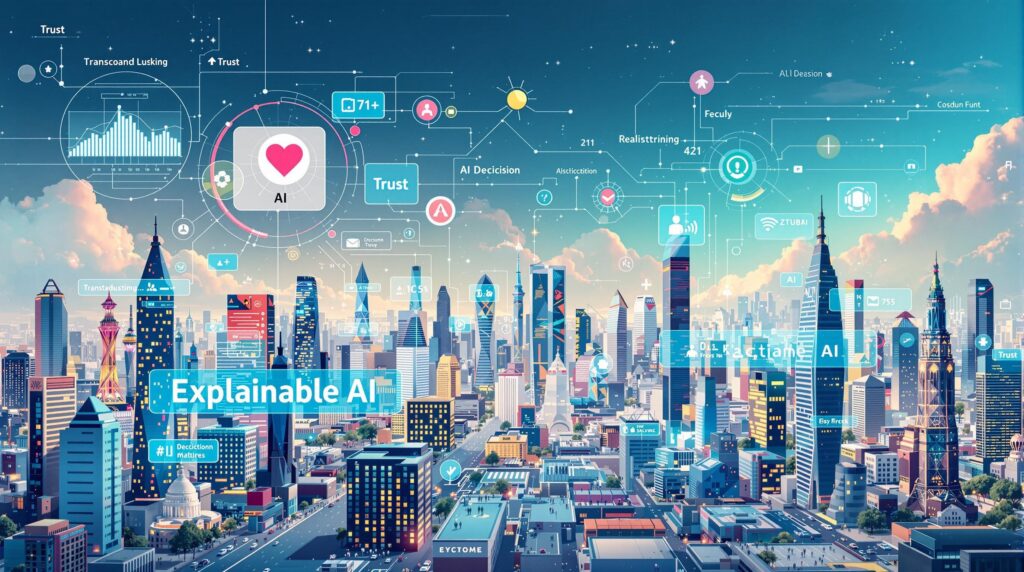 A visually engaging, infographic-style illustration depicting the '4 Key Principles of XAI'. The design should include elements symbolizing Explanation, Meaningfulness, Accuracy, and Limits. 