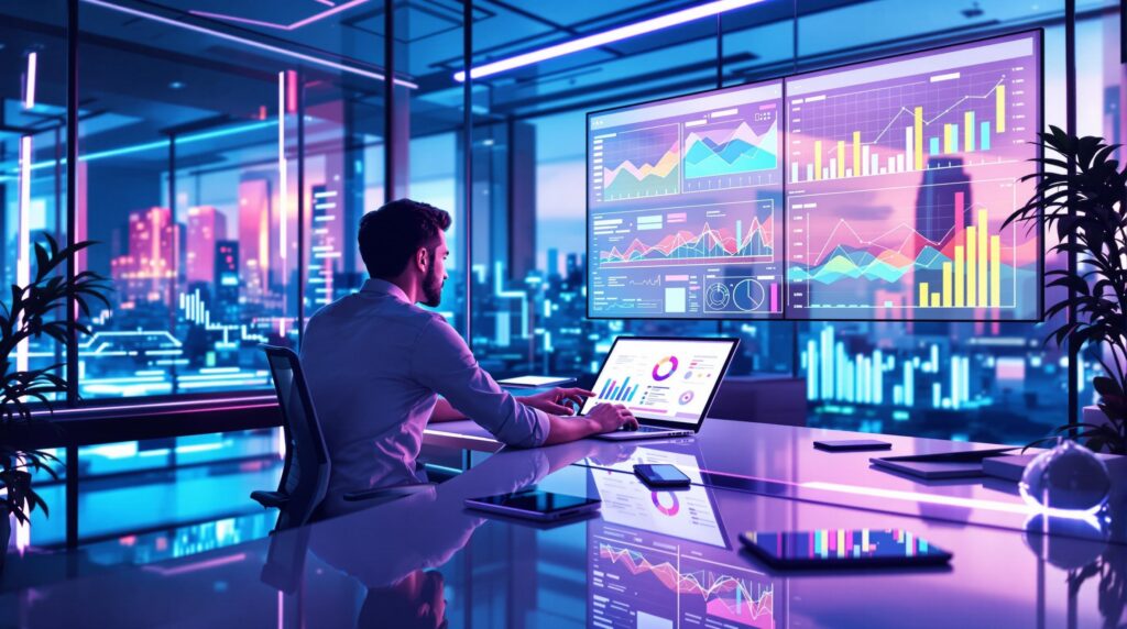 a professional marketer sitting at a sleek, modern desk analyzing colorful graphs and charts on a high-resolution laptop screen