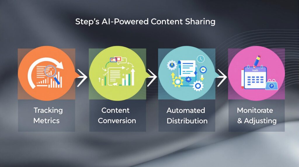 An engaging infographic depicting the four steps of AI-powered content sharing, with each step represented by a different color and icon.