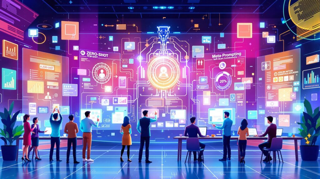 a diverse group of professionals engaging with an AI interface, each demonstrating one of the 5 essential prompting techniques