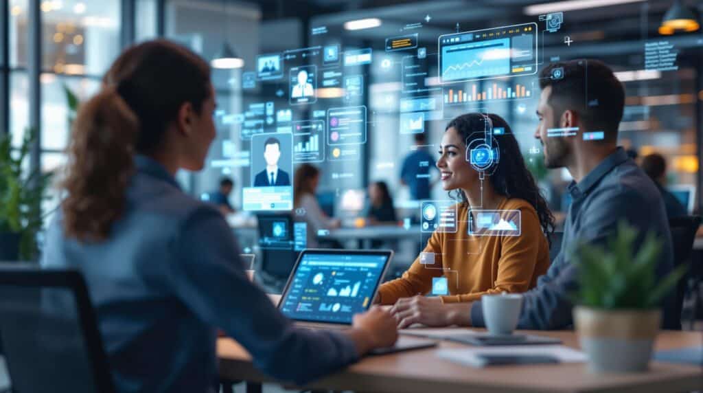  a modern office environment where AI personas are seamlessly integrated with human workers