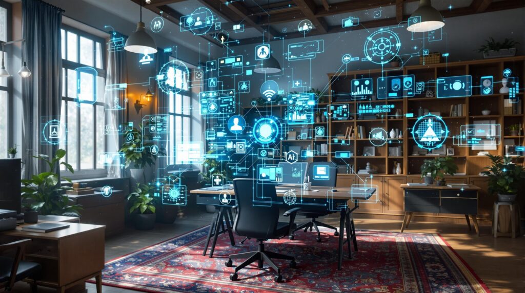 An artistic portrayal of a traditional office setting transforming with digital holograms and AI interfaces, symbolizing the evolution and modernization of old systems through the addition of advanced AI tools.