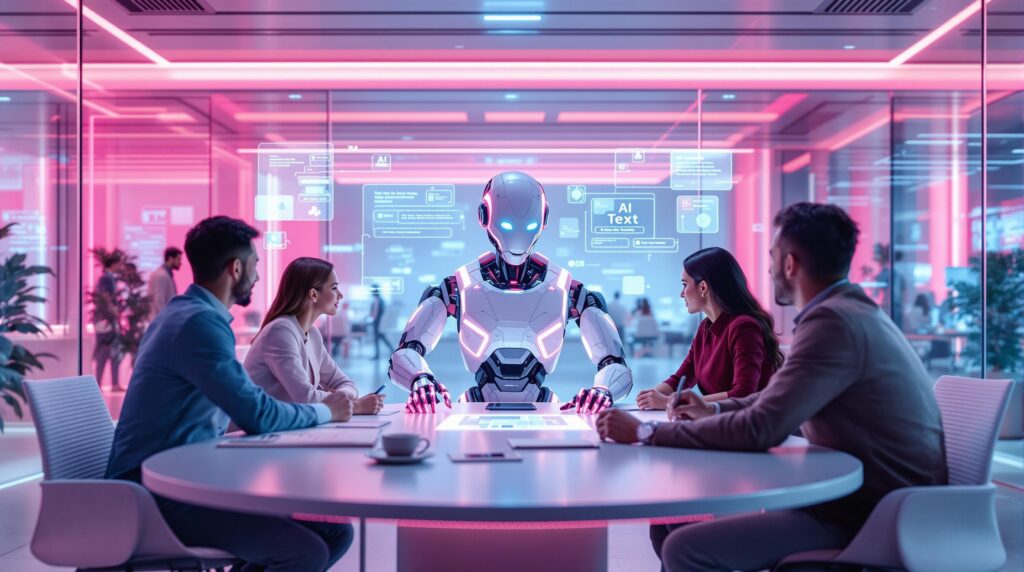 futuristic robot collaborating with a team of professionals surrounded by digital screens displaying AI text workflows