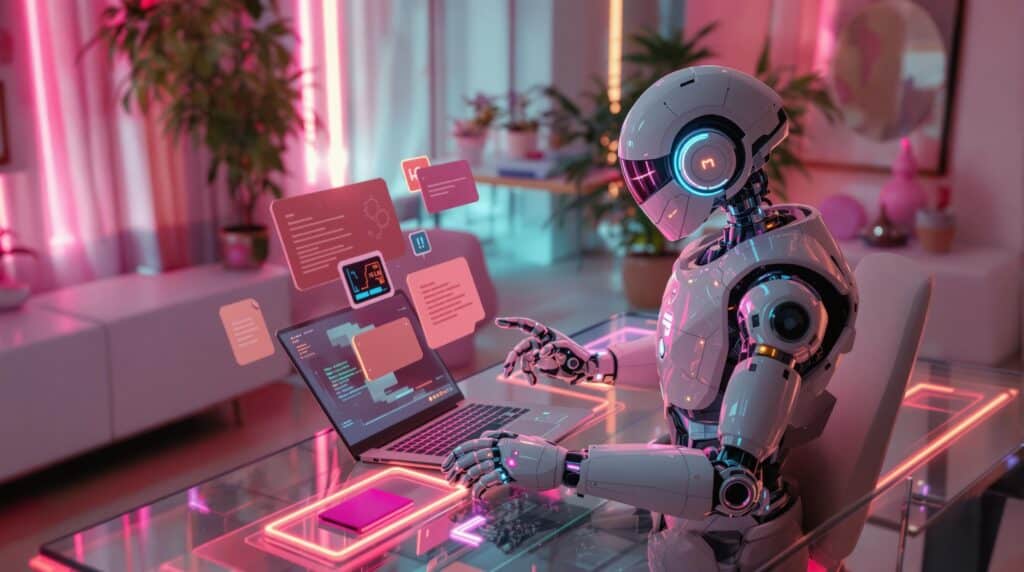 a retro-futuristic robot is shown adding tags to chats with floating text boxes.