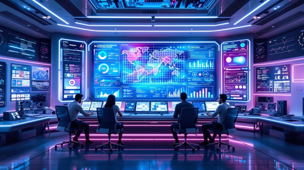 a team of focused analysts intently analyzing a dynamic graphics showcasing AI-driven trend detection and content gap analysis