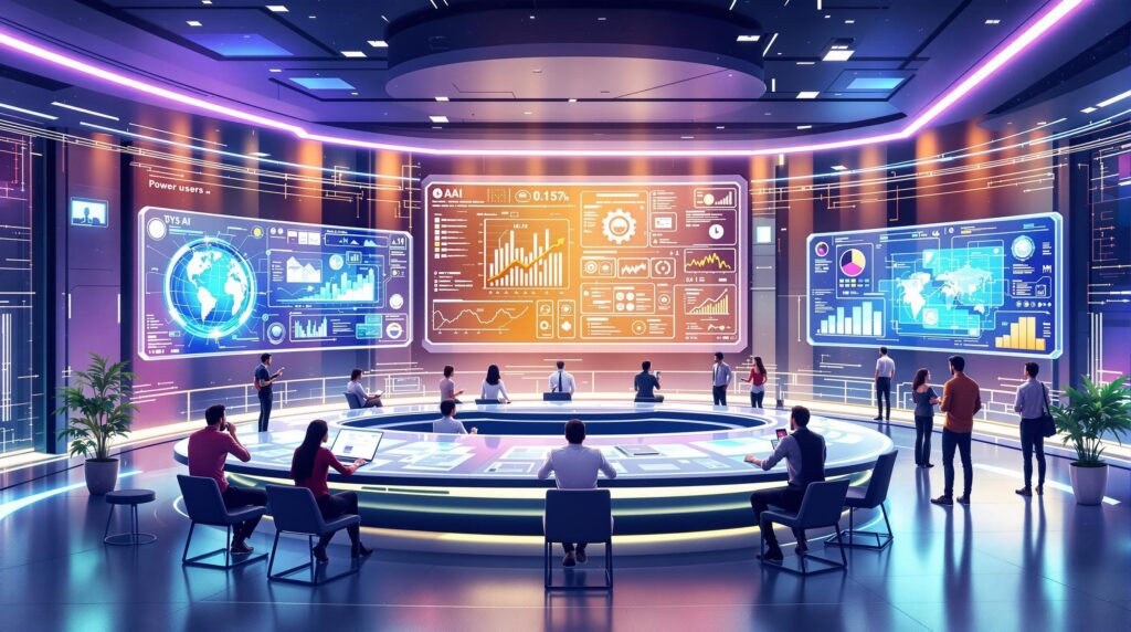 a futuristic workspace showcasing power users engaging with advanced AI systems