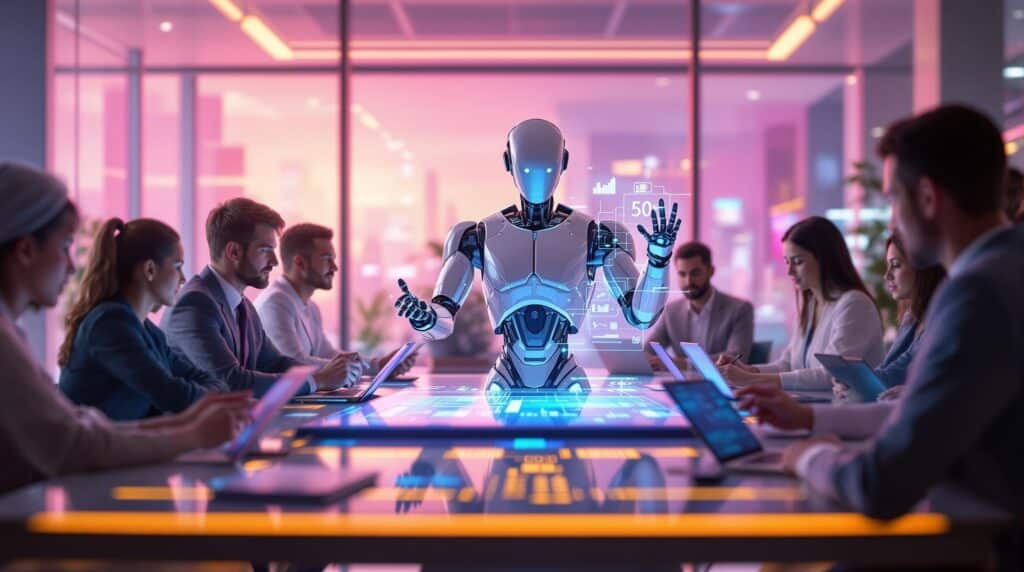AI robot with sleek metallic design and team of diverse professionals engaging with the data analytics