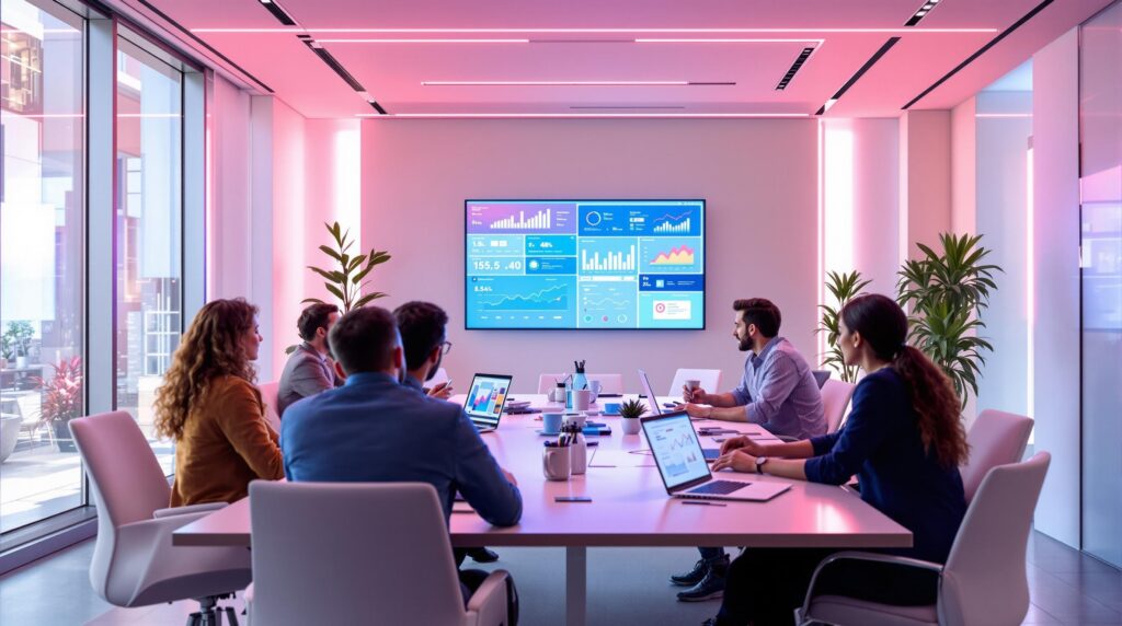 a group of business professionals engaging in a lively discussion with  a conference table filled with laptops open to AI-generated social media insights