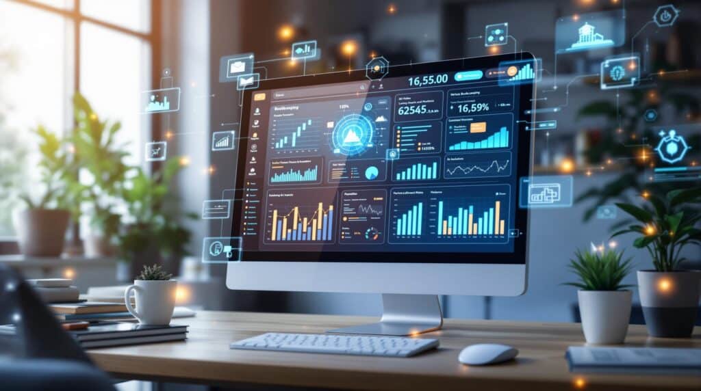 an image of a modern workspace where AI-driven bookkeeping and financial software are prominently displayed on a computer screen