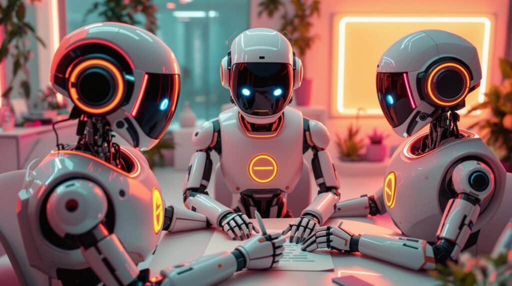 three high tech robots establishing AI content creation framework