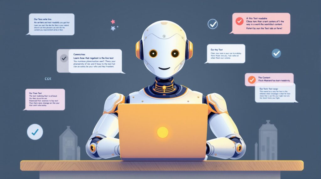 A futuristic robot writer closing their laptop with a satisfied smile, surrounded by floating checkmarks and simplified text blocks, symbolizing the successful use of AI tools to enhance content readability.