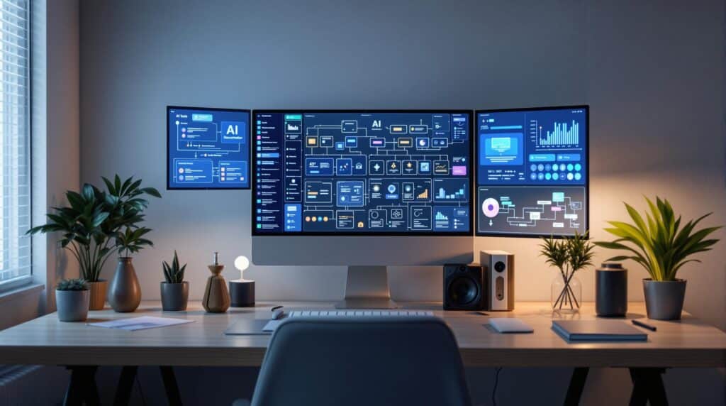 A serene and organized desk with with digital panels showcasing AI tools, flowcharts, and data visualization representing AI documentation systems, symbolizing the completion of a project.