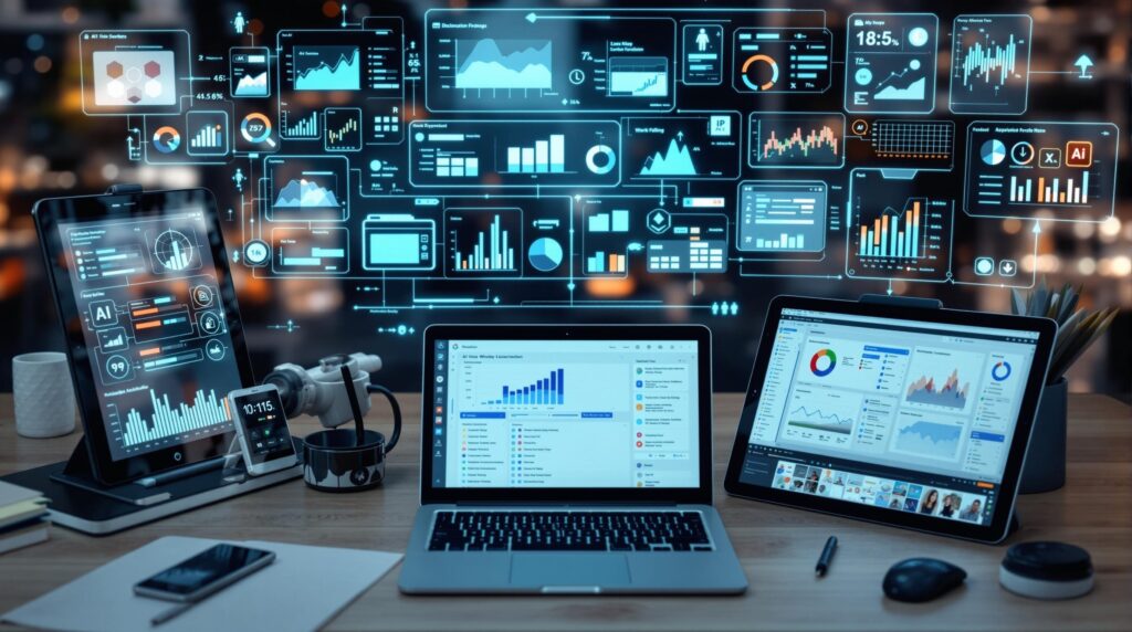 A tech-savvy workspace showcasing open laptops and tablets with AI software interfaces, surrounded by digital graphs and charts representing documentation processes.