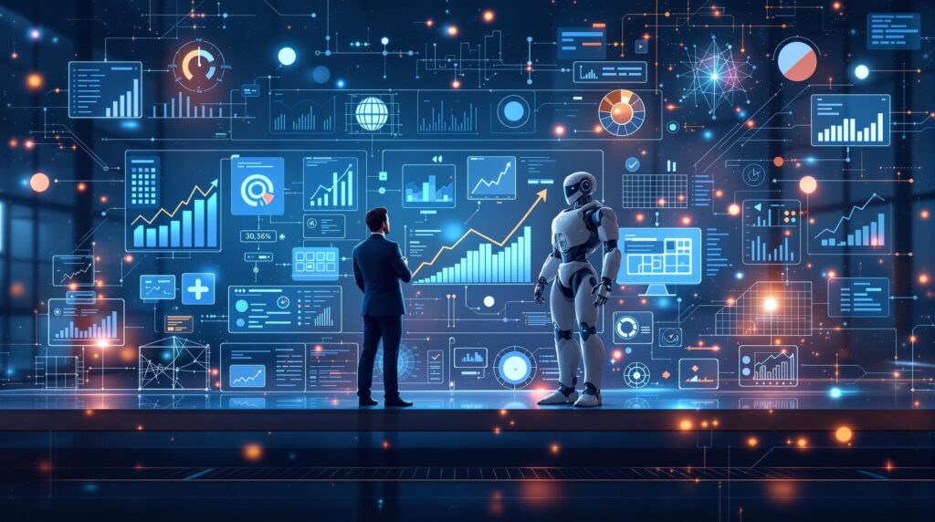 An image that encapsulates the essence of AI-driven competitor analysis. Show a dynamic business environment with a business professional and a robot where elements like graphs showing upward trends, flowcharts, digital screens, and data streams symbolizing the intelligent processing and summarization of competitor data into strategic business insights.