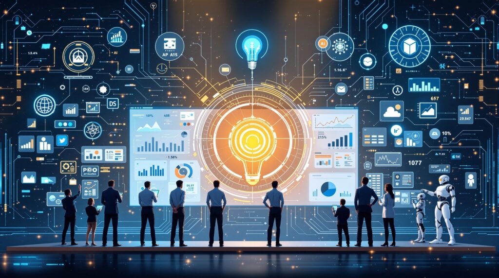 An AI forecasting system components in action, featuring icons and symbols for algorithms, data analytics, and processing tools, set against a backdrop of digital data streams and interconnected networks with a team of diverse professionals and futuristic robots analyzing data on large screens.
