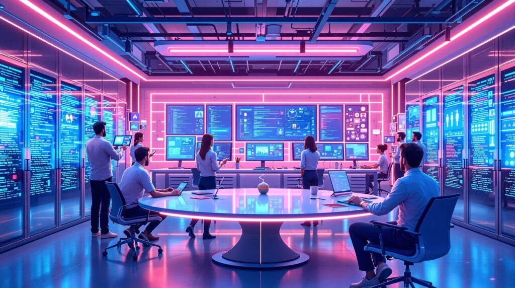 diverse team of IT professionals engaging with advanced AI systems