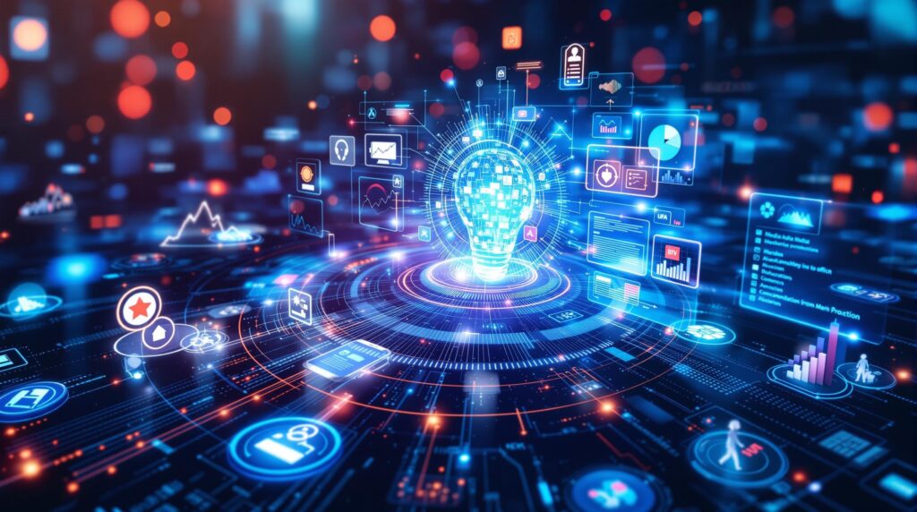 An imaginative scene of AI Media Asset Management in the future, highlighting AI-driven content processing with holographic displays of digital media assets, surrounded by icons for advanced analytics and real-time optimization.