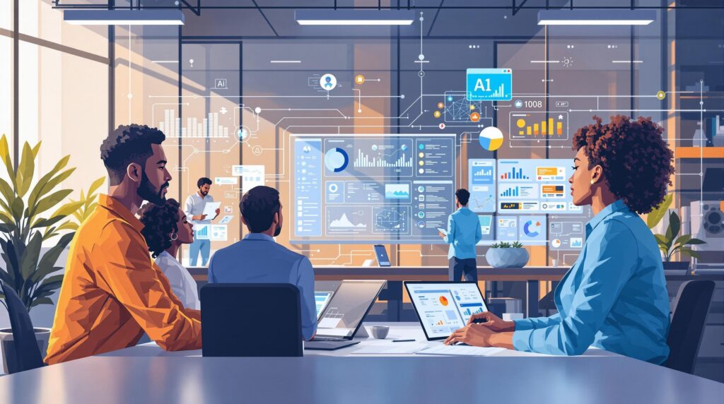 a diverse team engaged in a high-tech workspace interacting with AI-driven dashboards for task management